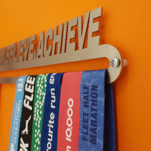 Load image into Gallery viewer, Medal Hanger Display &#39;Dream Believe Achieve&#39;™ Stainless Steel Medal Holder.